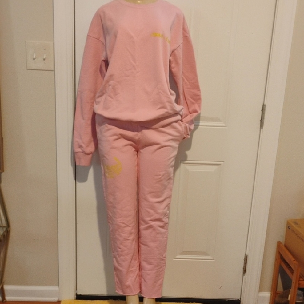 About-Face Pink Two-Piece Sweatshirt & Jogger Set with Yellow Accent Size M